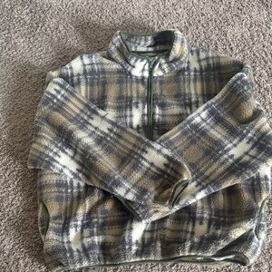 Men's BDG Plaid Sherpa Half-Zip Sweater - Olive, Gray & Cream